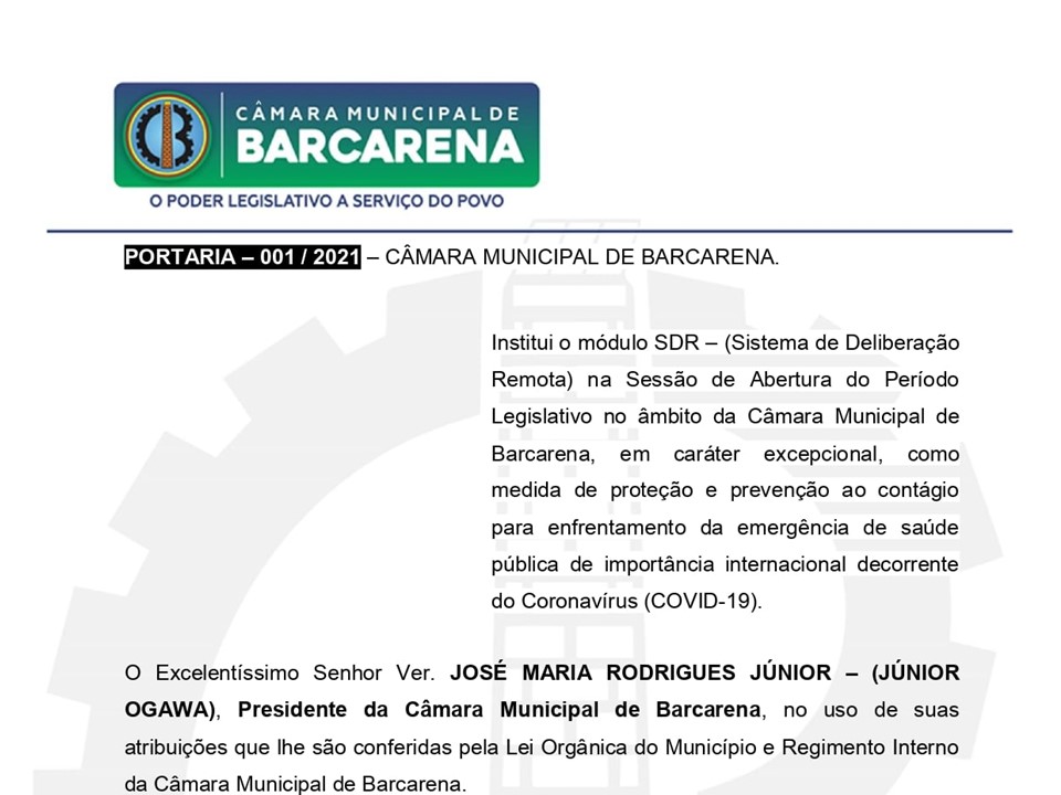 PORTARIA - 001/2021 - CÂMARA MUNICIPAL DE BARCARENA