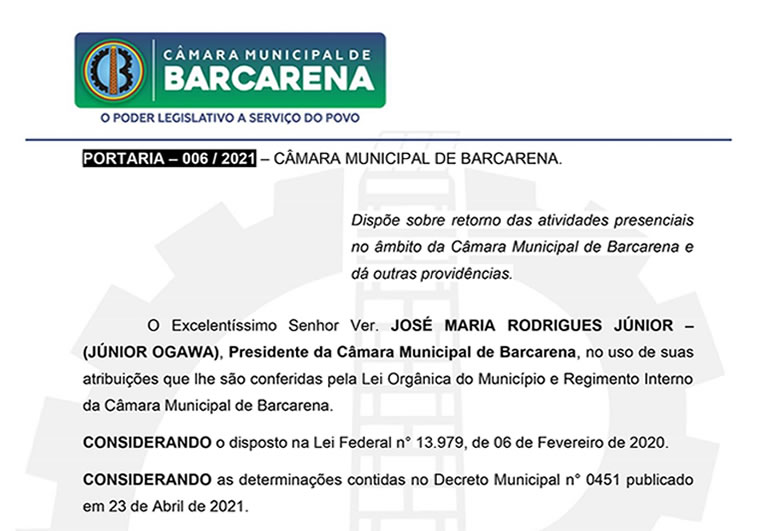 PORTARIA – 006 / 2021 – CÂMARA MUNICIPAL DE BARCARENA.