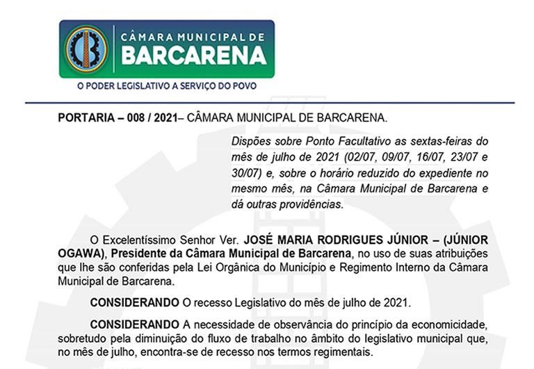 PORTARIA – 008 / 2021– CÂMARA MUNICIPAL DE BARCARENA