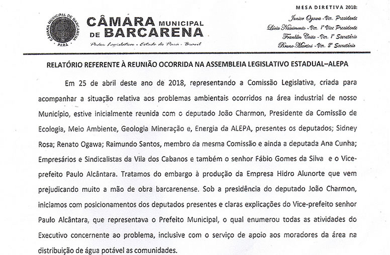 Relatório da reunião na ALEPA sobre embargo